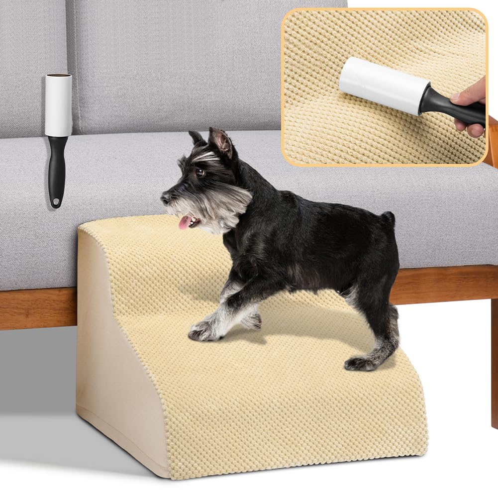 BAKAJI Scala per Animali Domestici con 2 Gradini e Rullo Rimuovipeli, Rivestimento Sfoderabile in Tessuto a Coste, Rampa per Gatti e Cani Anziani, Scaletta Imbottitura Schiuma Alta Densità (Beige)