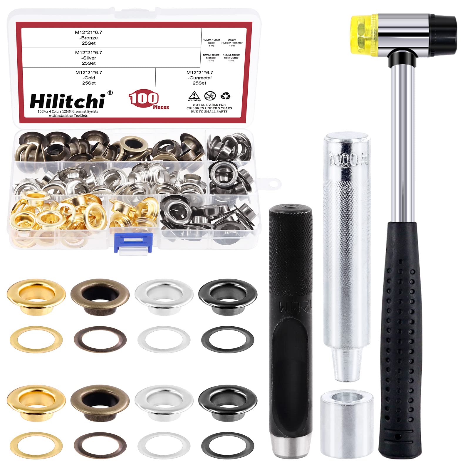 Hilitchi 204Pcs 1/2 Inch - 12mm 4 Colors Thicken Grommet Eyelets Metal Eyelets with Washers and Install Setting Tools Assortment Kit, Hole Self Backing Eyelet for Bead Cores, Clothes, Leather, Canvas