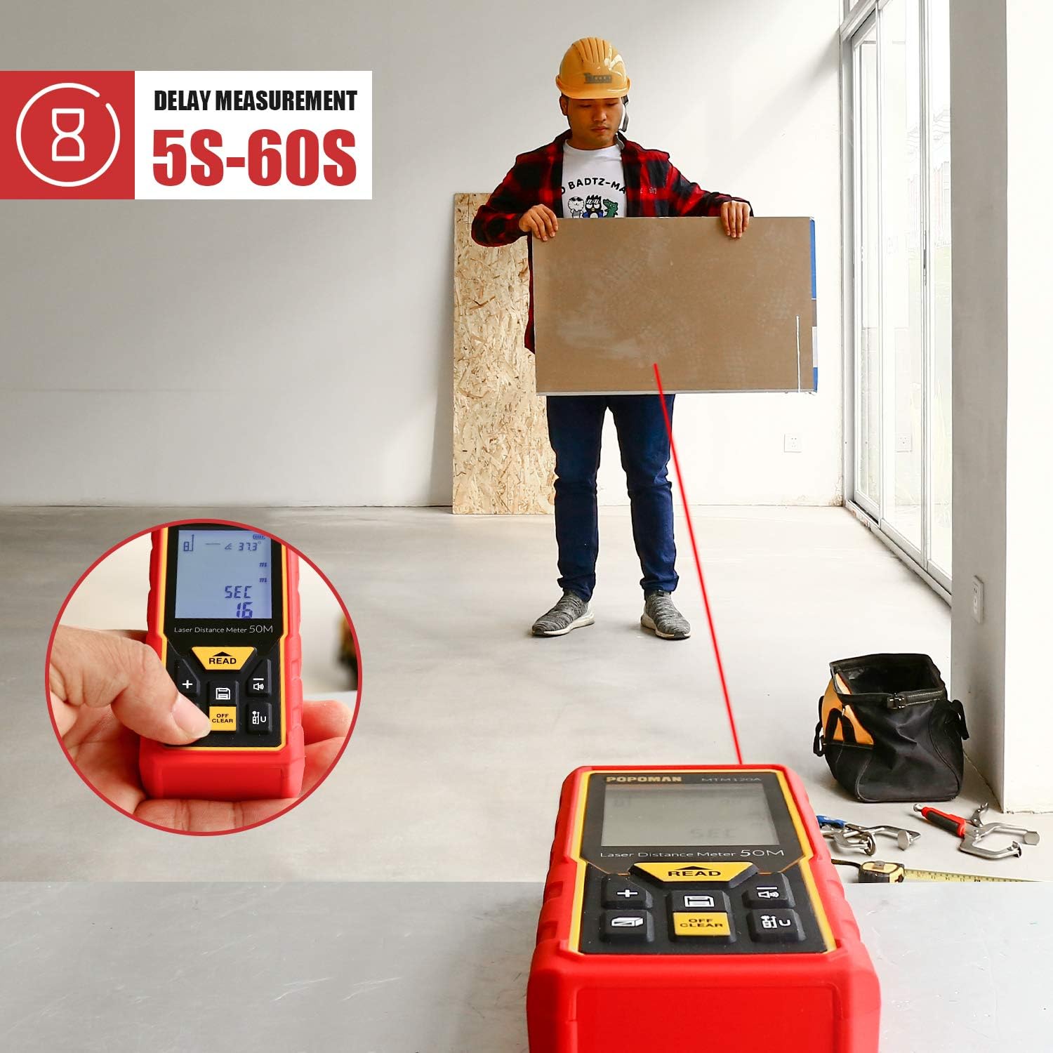 POPOMAN MTM100A performing a delay measurement with a countdown timer on the display.