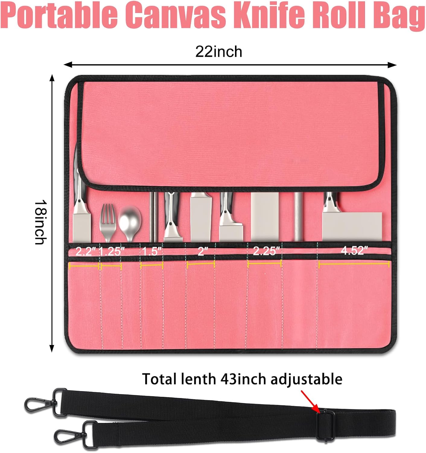 QIQU Pink Chef Knife Bag With 20 Slots Cutlery Knives Holders Protectors, Home Kitchen Travel Cooking Tools, Portable Canvas Knife Roll Storage Bag Chef Case for Camping or Working