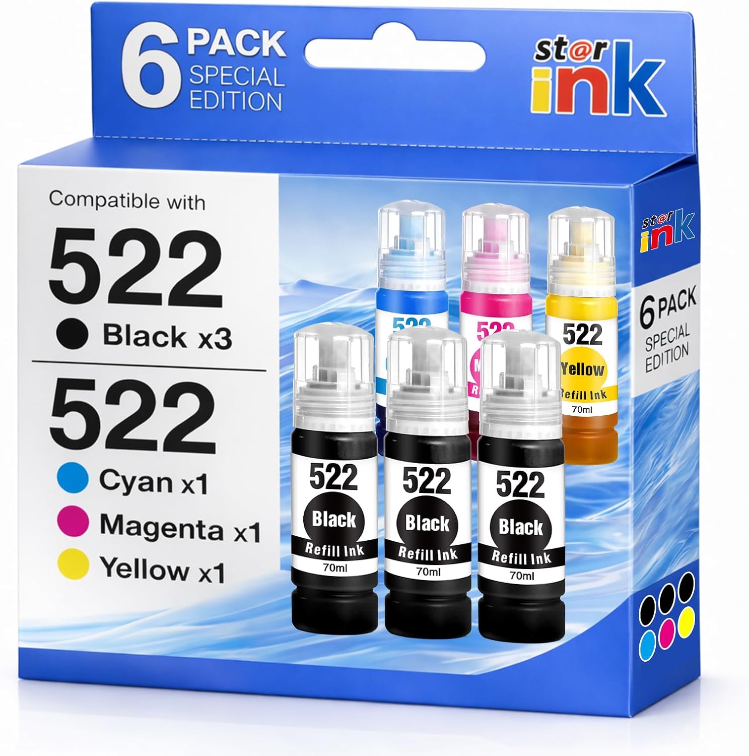 522 Ink Refill Bottles High Capacity (6 Bottles) ET-2800 ET-2400 ET-4800 Replacements for Epson 522 Ink Compatible for Epson Ecotank ET-2800 ET-2400 ET-2803 ET-2720 ET-4700 ET-4810 ET-4800 Printer Ink