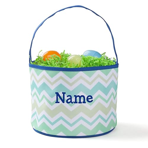 Miniatura 3 de Bolsa de cubo personalizada Chevron con nombre personalizado  Bolsa de Pascua a rayas verde y azul con asa  Cesta de huevos suave para niños  Cesta