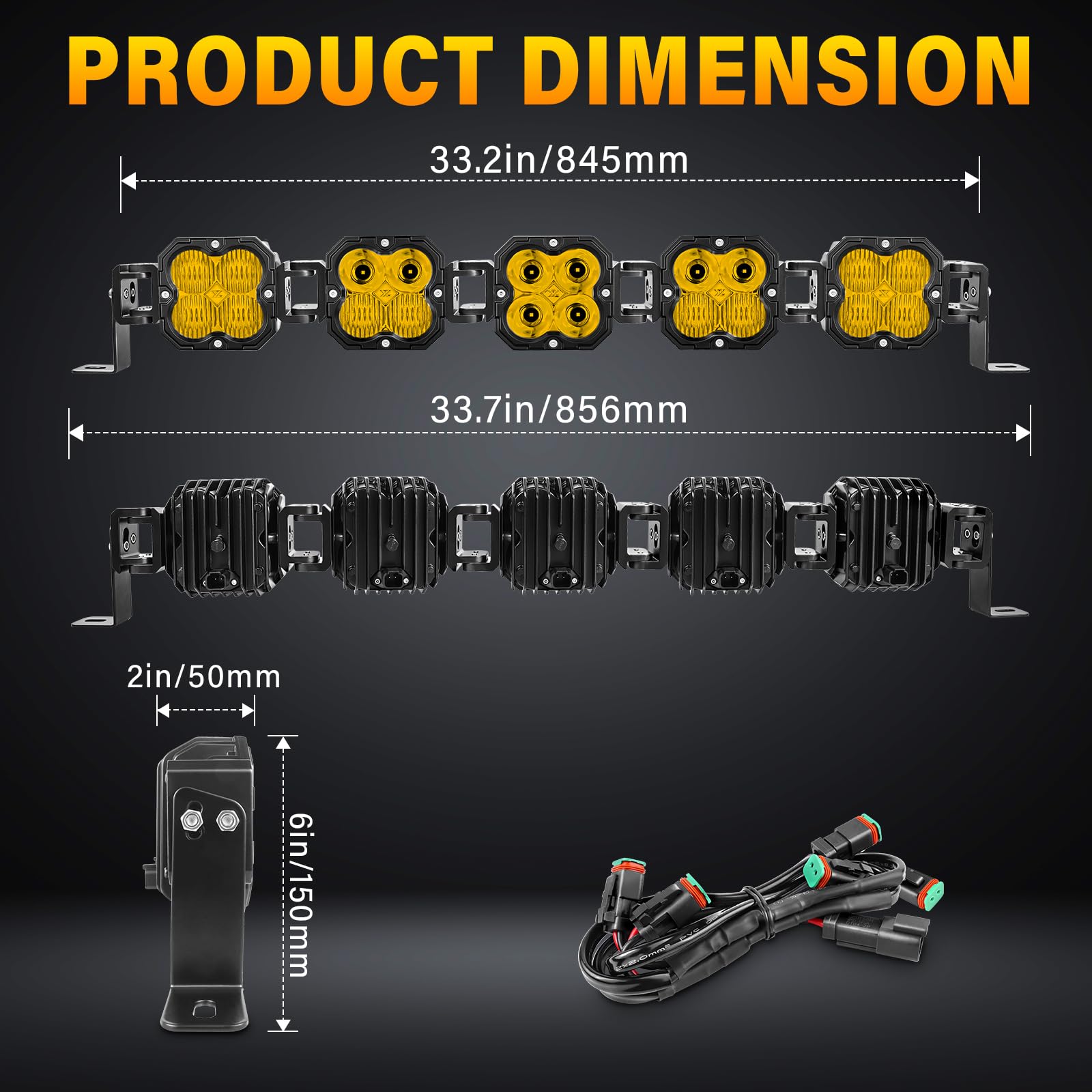 AUXTINGS 84 cm, 150 W, żółta listwa świetlna LED z okablowaniem, prosta, zakrzywiona regulacja, 12 V / 24 V, szeroka wiązka światła i reflektor terenowy, 4 x 5, wodoodporna lampa przeciwmgielna do