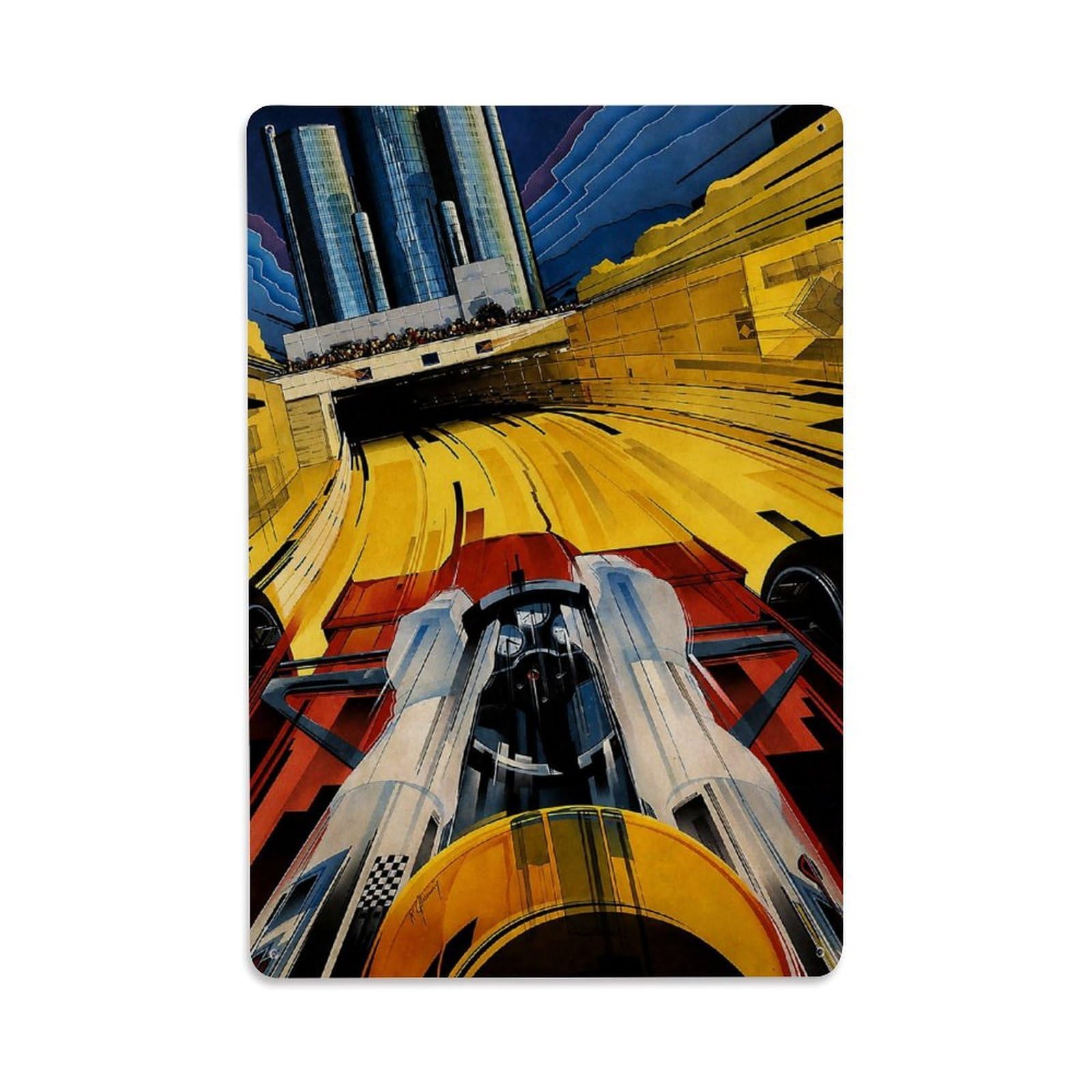 Vintage Supercar Anime City Circuit Motorsport Aesthetic Metal Tin Sign Plaque Wall Decor for Cafe, Man Cave, Club Bar, Office, Home Garden Round Metal Poster 8x12Inch
