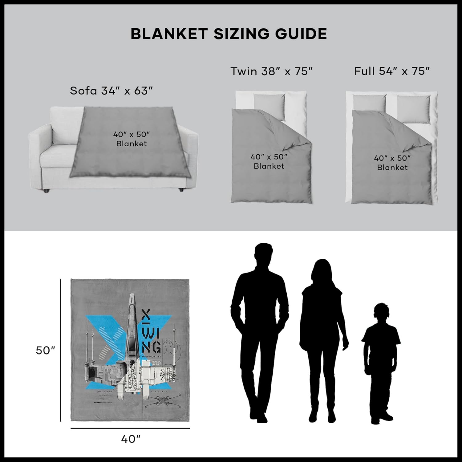 Star Wars Classic X-Wing Blueprint Throw Blanket, Ultra-Soft Silk Touch Fleece, Lightweight Warm Galaxy-Themed Bedding for Kids or Adults, Cozy Couch, Bed, or Travel Blanket, 40 x 50 inches