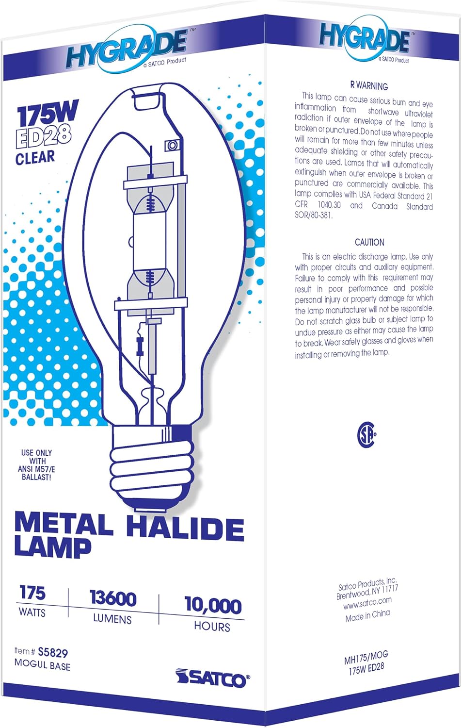 Satco S5829 175W Metal Halide HID Lamp, Probe Start, 4200K Cool White, 13600 Lumens, Clear, Mogul Base, ED28, 360 Degree Beam Angle, 10000 Rated Hours (6 Pack)