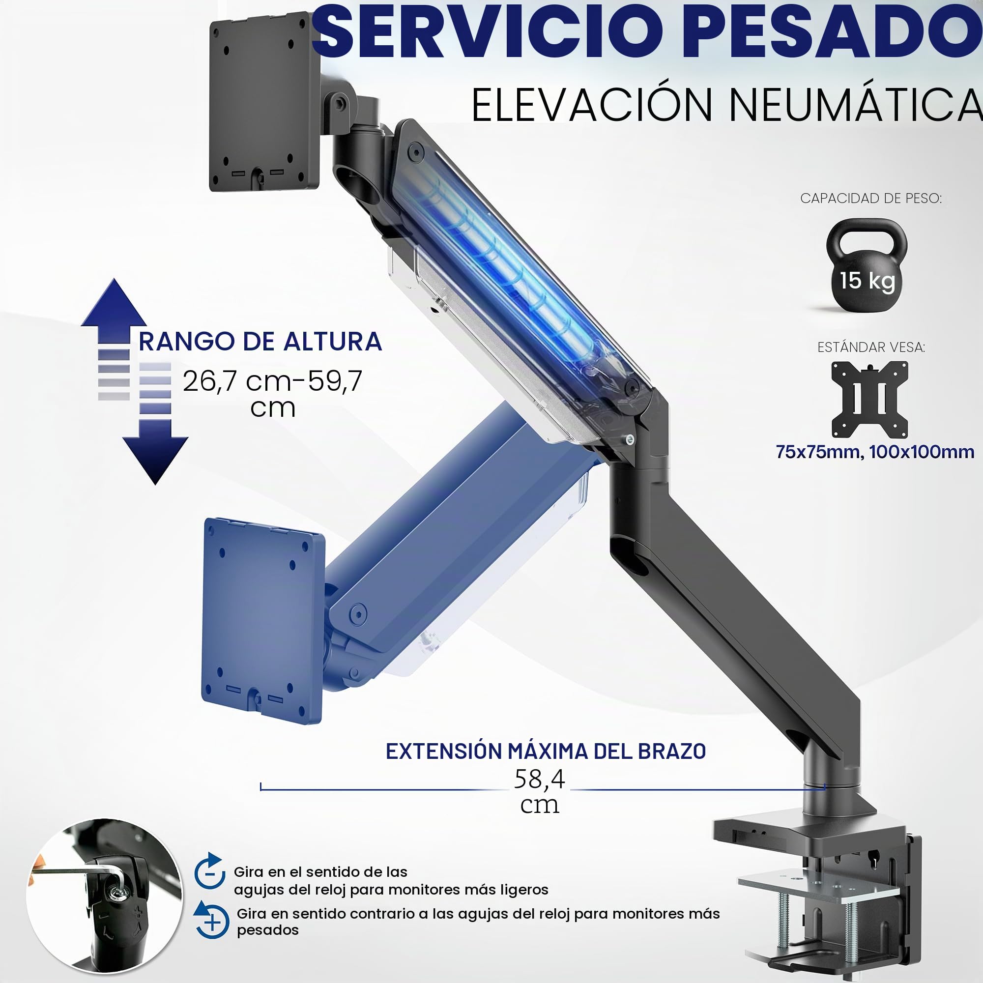 Vivo Brazo de Monitor de Aluminio monitores ultraanchos de hasta 49 Pulgadas y 33 Libras, Soporte de Montaje de Escritorio único, Altura neumática, VESA máxima 100 x 100, Negro,