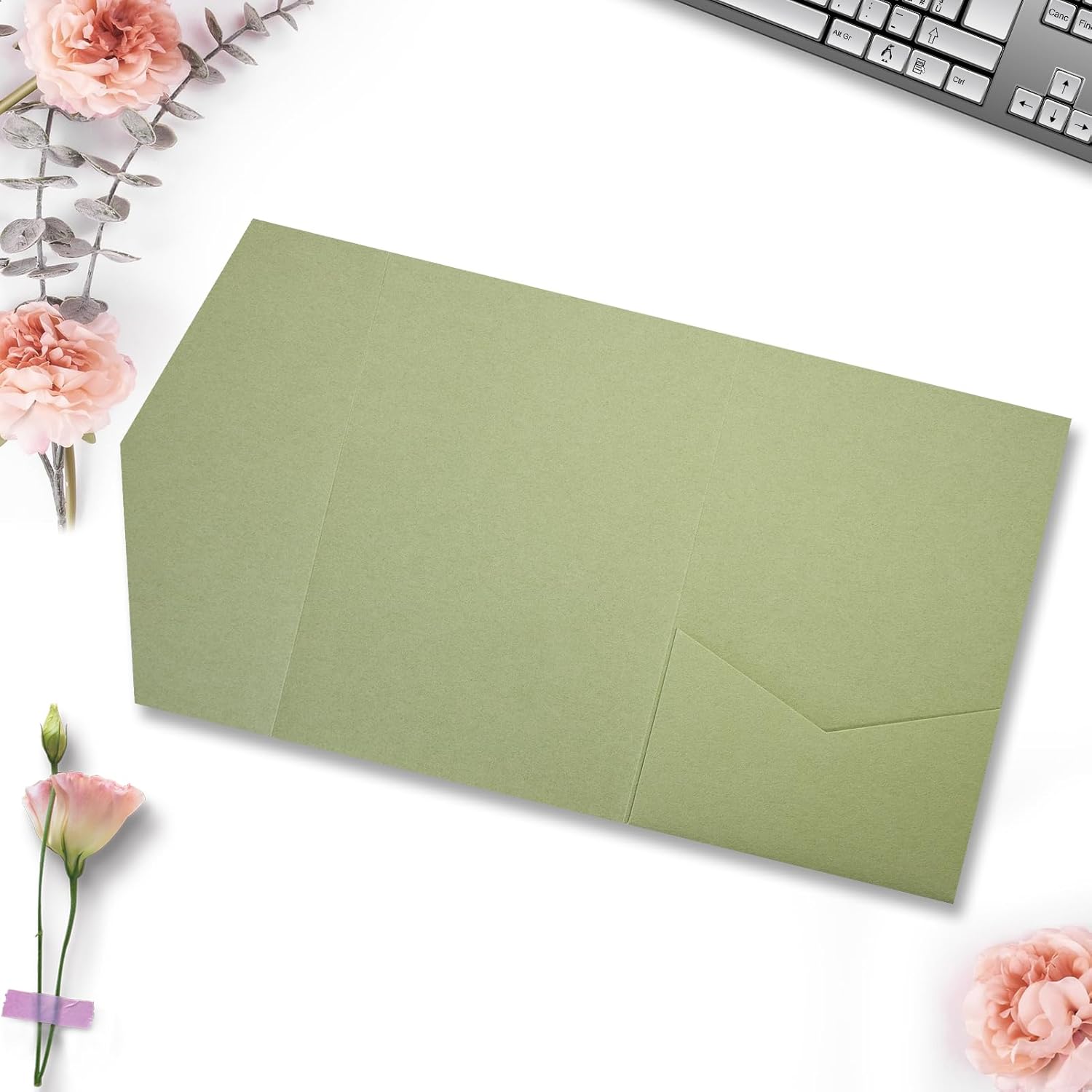 25 Pieces A7 Pocket Invitations (5.12 x 7.09) Trifold Wedding Invitation Cards for 5x7 Invites Wedding Bridal Shower Engagement Birthday Sweet 16 (Matte Sage Green)
