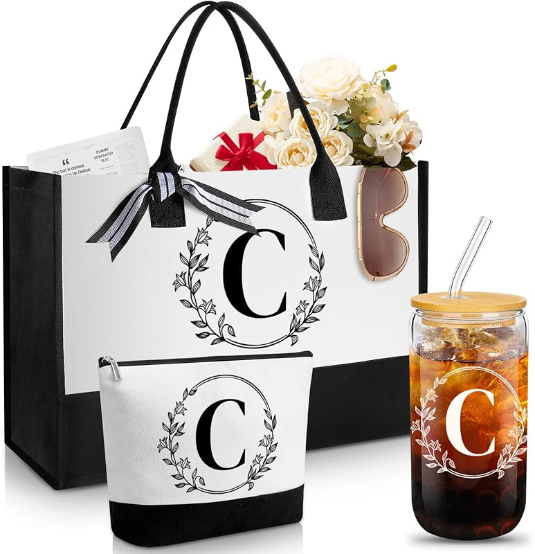 Aliceset Conjunto com 3 peças: bolsa tote, nécessaire de maquiagem e copo de vidro com letra C