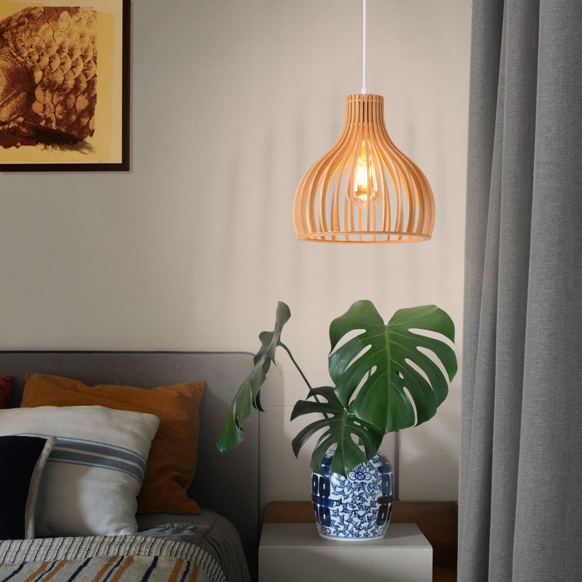 lampadario vintage legno, lampada a sospensione industriale dal design, lampada da soffitto retrò fatta a mano E27, altezza regolabile, soggiorno, sala da pranzo, camera, 60W, ø 23 cm, bianco