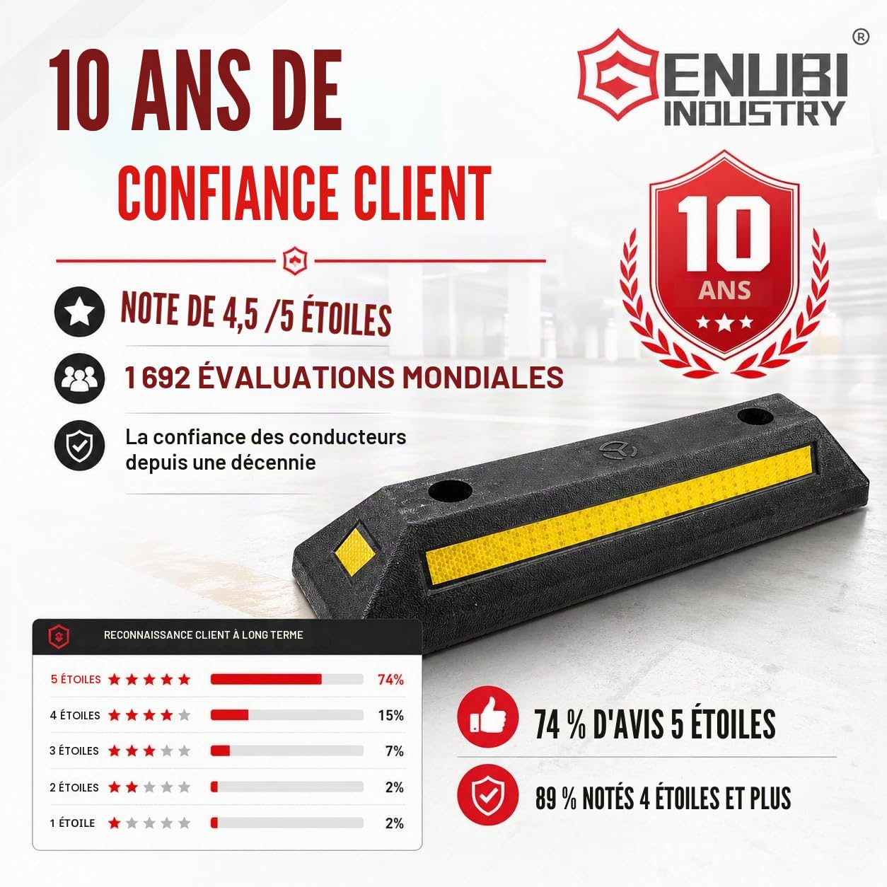 Lot de 2 bordures en caoutchouc noir très résistantes avec bandes jaunes réflectives, butées de roue pour voiture, camion, camping-car, remorque et garage - Qualité professionnelle
