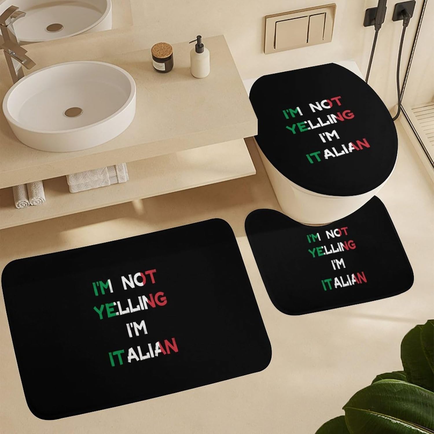 I'm Not Yelling I'm Italian Bathroom Sets with Shower Curtain and Rugs 4 Piece with U-Shaped Floor Mat Toilet Lid Cover
