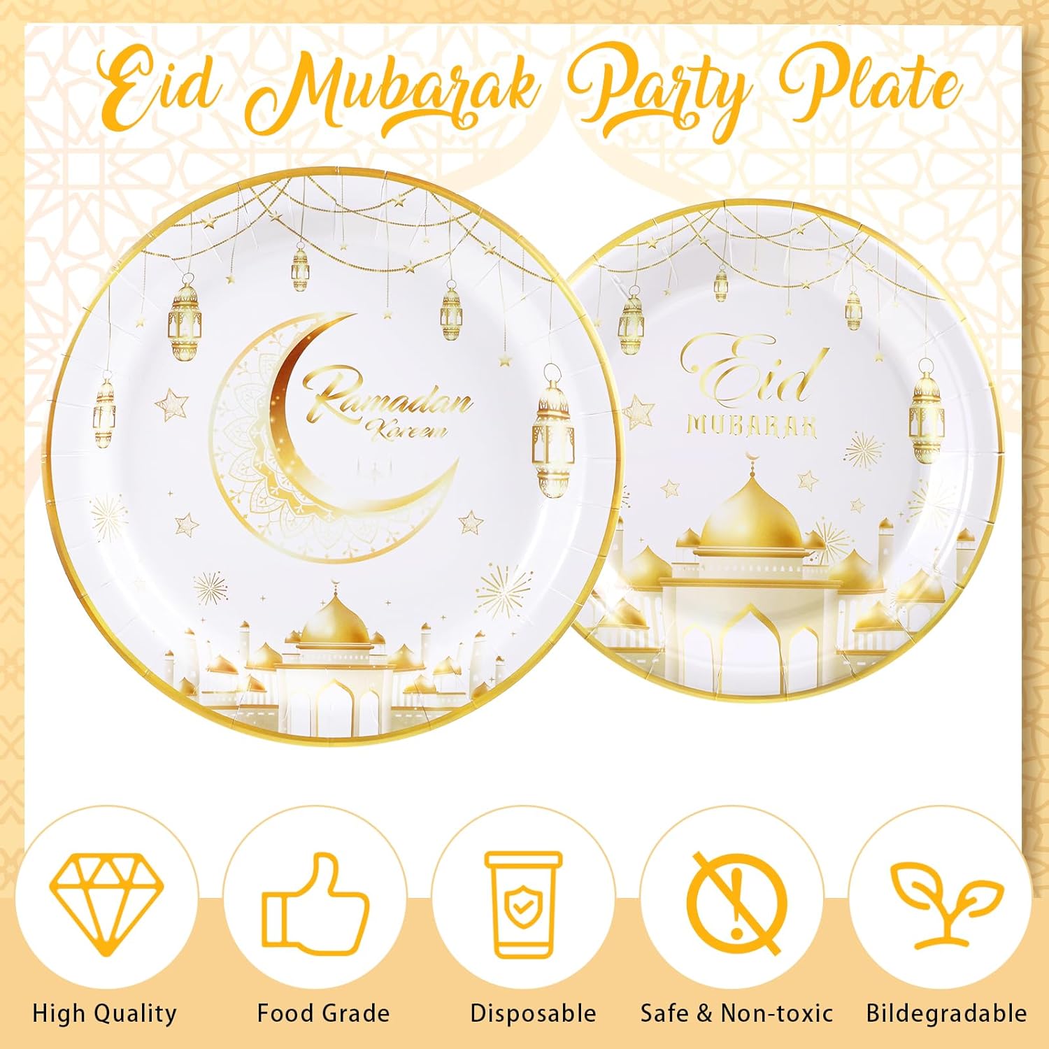 Baderke 169 Pcs Eid Mubarak Party Supplies, Ramadan Mubarak Tableware Set Includes1 Eid Mubarak Tablecloth and Paper Plates, Cups, Napkins, Plastic Cutlery for 24 Guests (White)