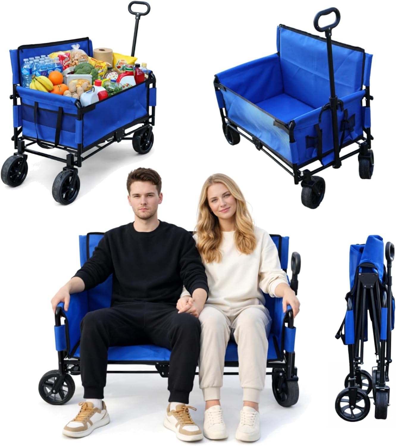 Beach Wagon Chair for Adults, Foldable Cart Converts to 2-Person Sofa, 2-in-1 Wagon Bench Love Seat Combo, Blue