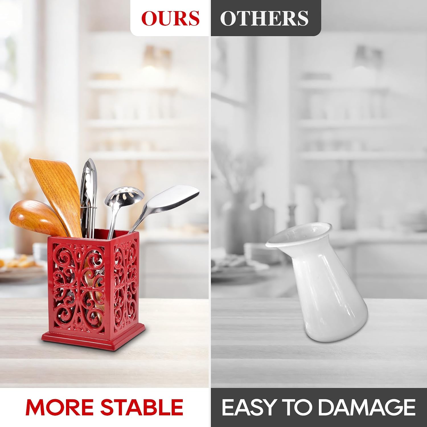 jogreful Cast Iron Utensil Holder, Extra Large Kitchen Crock Classic Red