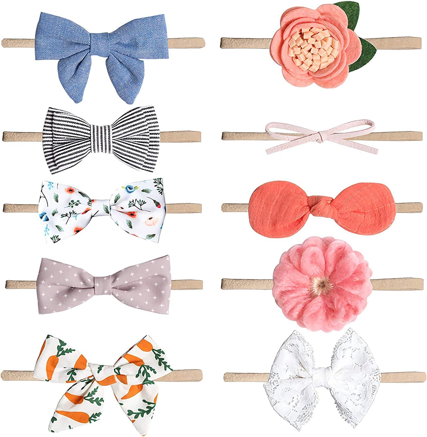 DELFINO Baby Girl Headbands-Nylon Set-Bowknot 10 Packs Mix Style Elastic Hair Band Accessories for Newborn Toddler and Little Baby as Photography Props Accessories