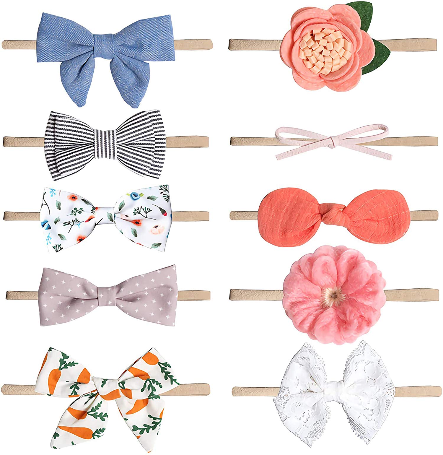 DELFINO Baby Girl Headbands-Nylon Set-Bowknot 10 Packs Mix Style Elastic Hair Band Accessories for Newborn Toddler and Little Baby as Photography Props Accessories