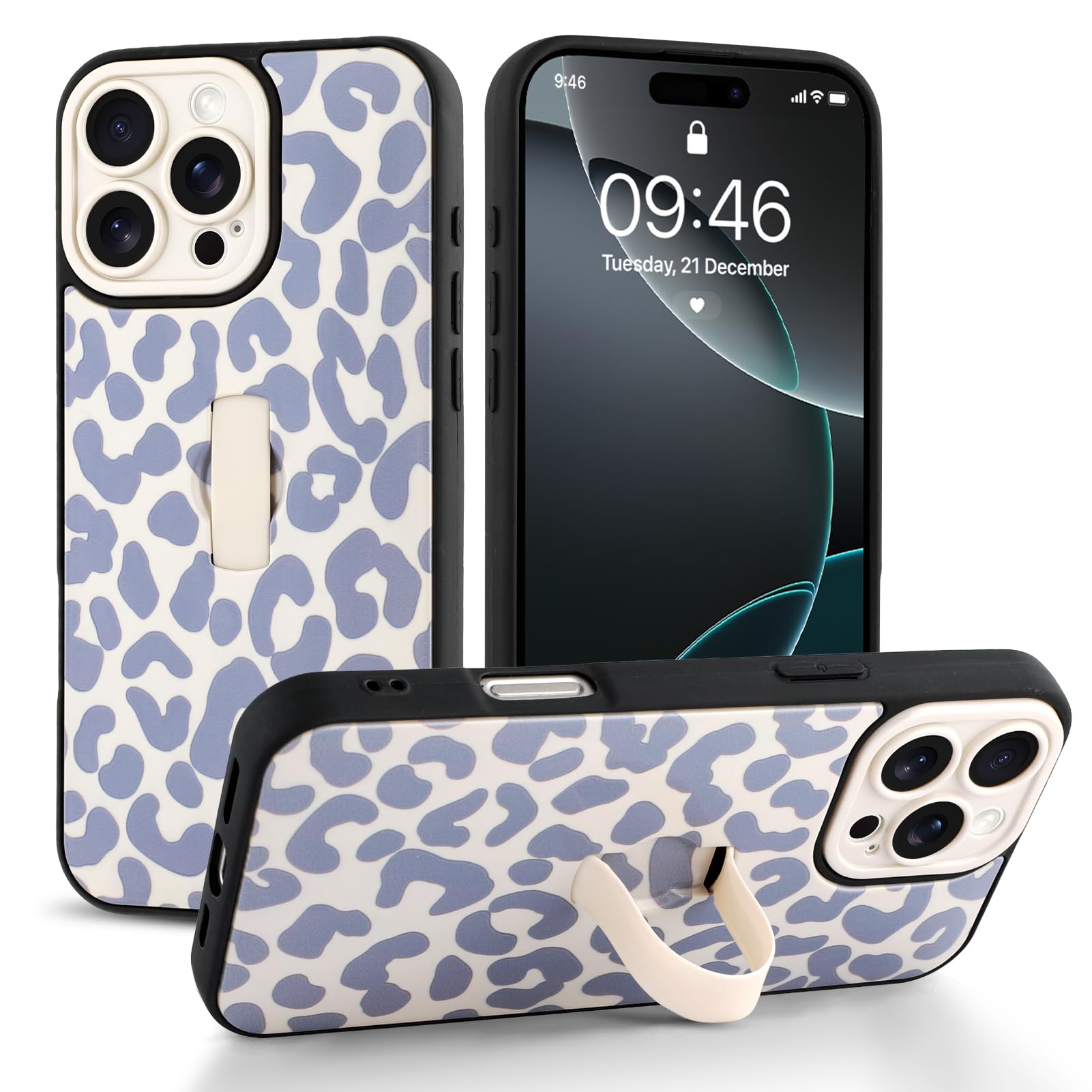 Jefonha Compatible with iPhone 16 Pro Max Case with Finger Hand Strap Kickstand, Trendy Cool Leopard Cheetah Print Phone Case for Women Men, Full