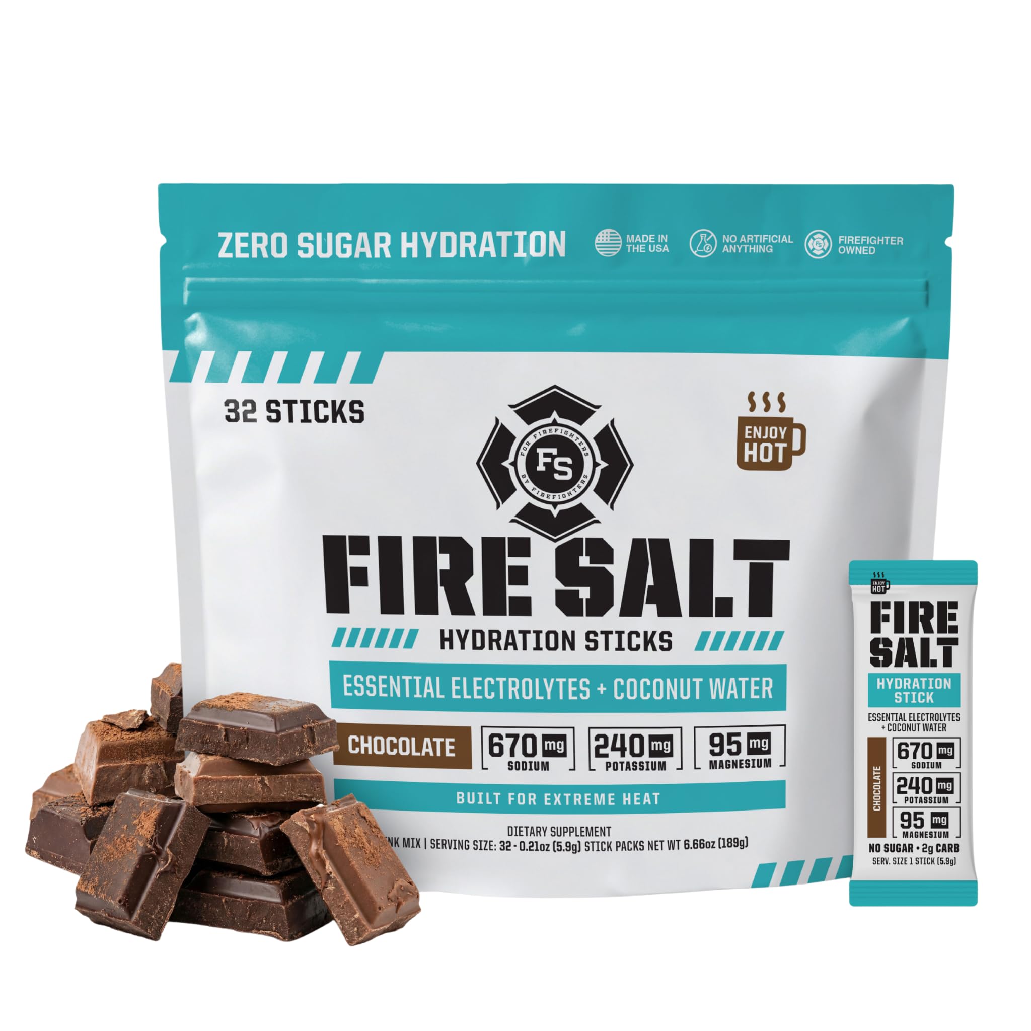 Fire Salt Chocolate Electrolyte Hydration Sticks, Zero Sugar, 32 Count | Electrolytes & Coconut Water, Hydration Drink Mix with Magnesium, Potassium & Sodium, Single Serve On the Go Packs Chocolate Pack of 32