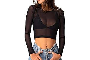 ADOME Women’s Sheer Black Mesh Crop Top, Long Sleeve See-Through Basic Top