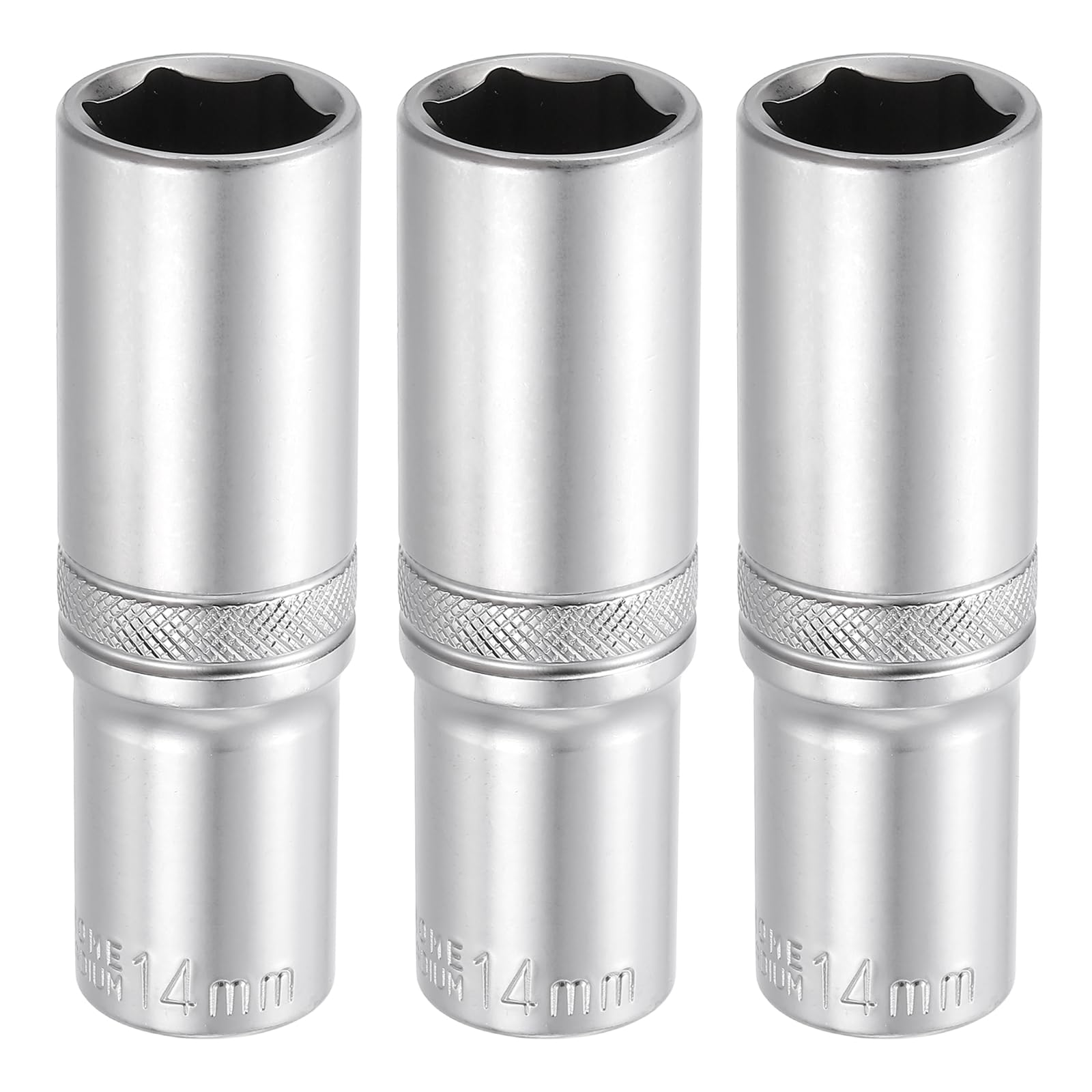 sourcing map 3pcs 6 Points Deep Socket 3/8" Drive 14mm Deep Metric CR-V Steel Polished Nickel Plating Impact Sockets 64mm / 2.5" Long Flip Sleeve Tool for Home Auto Nuts Bolts Repair
