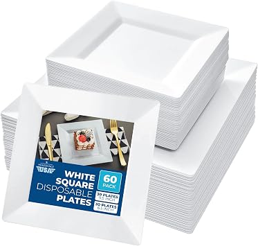 60 Plastic Square Plates for Party 30 Dinner 9.5" & 30 Salad 6.5" White Heavy Duty Disposable Plates Set Reusable Fancy Elegant Decorative Sturdy Premium Hard Nice Plate for Wedding Baby Shower