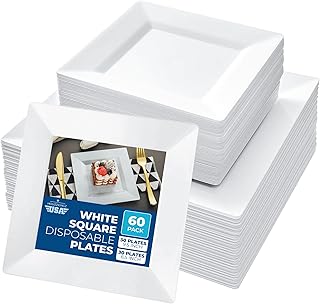 60 Plastic Square Plates for Party – 30 Dinner 9.5" & 30 Salad 6.5" White Heavy Duty Disposable Plates Set Reusable – Fancy Elegant Decorative Sturdy Premium Hard Nice Plate for Wedding Baby Shower