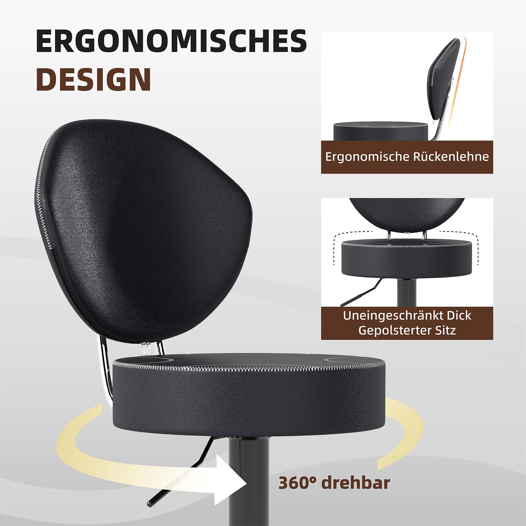 Youhauchair Barhocker 2er Set, 360 drehbare Barhocker mit Rückenlehne, Höhenverstellbarer Küchenhocker aus Kunstleder, Mid-Century-Vintage Bar Stools, Schwarz