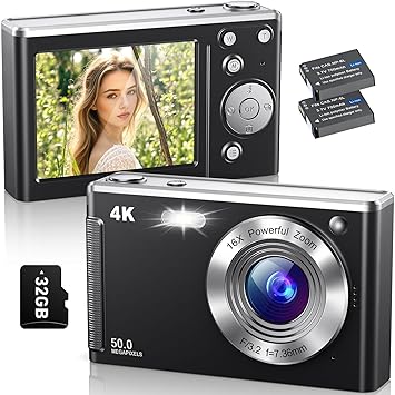 4K Digital Camera,Autofocus 50MP UHD Vlogging Camera for YouTube,Compact Camera with 16X Digital ZoomAnti-Shake,Travel Camera with 32GB Card, 2 Batteries for Beginners and Teens