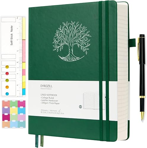 Cuaderno rayado con rayas universitarias, 360 páginas numeradas, cuadernos de tapa dura B5, diarios de cuero con bolígrafo, calcomanías de índice,