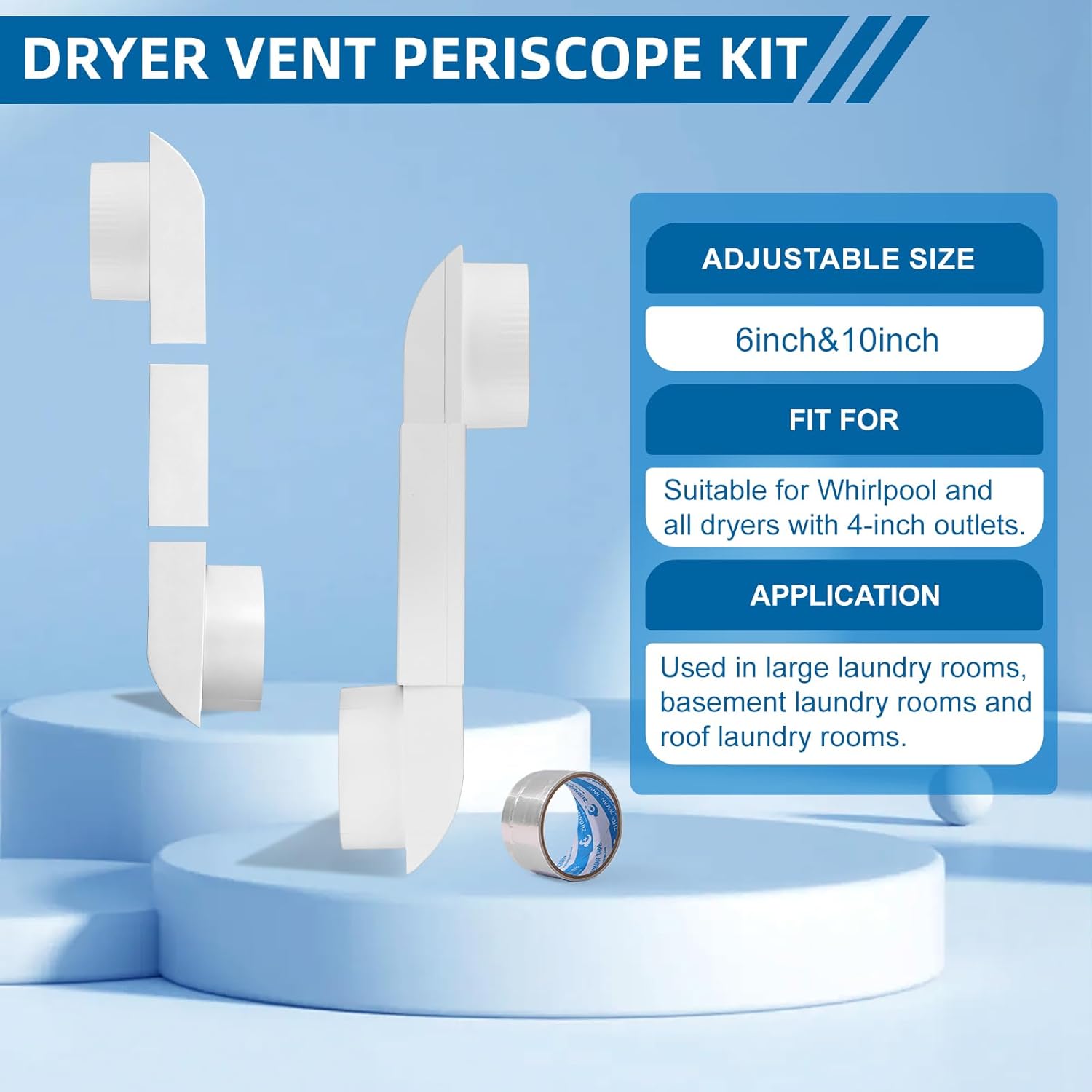 Periscope Dryer Vent, Adjustable 6.5" to 12" Two Fixed Sizes, Stainless Steel Flat Slim Duct with White Coating, Vent Kit for Tight Space, Includes 4" Adapter&Foil Tape 2 adjustable fixing clamps
