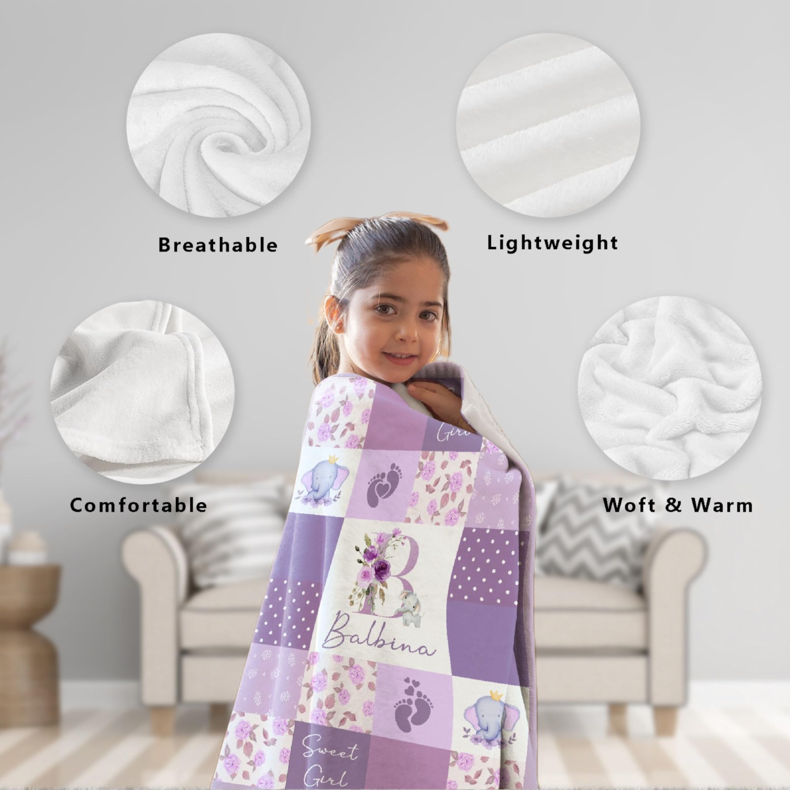 Personalized Baby Blanket With Name | Purple Elephant 30x40 Inch Swaddling Blanket