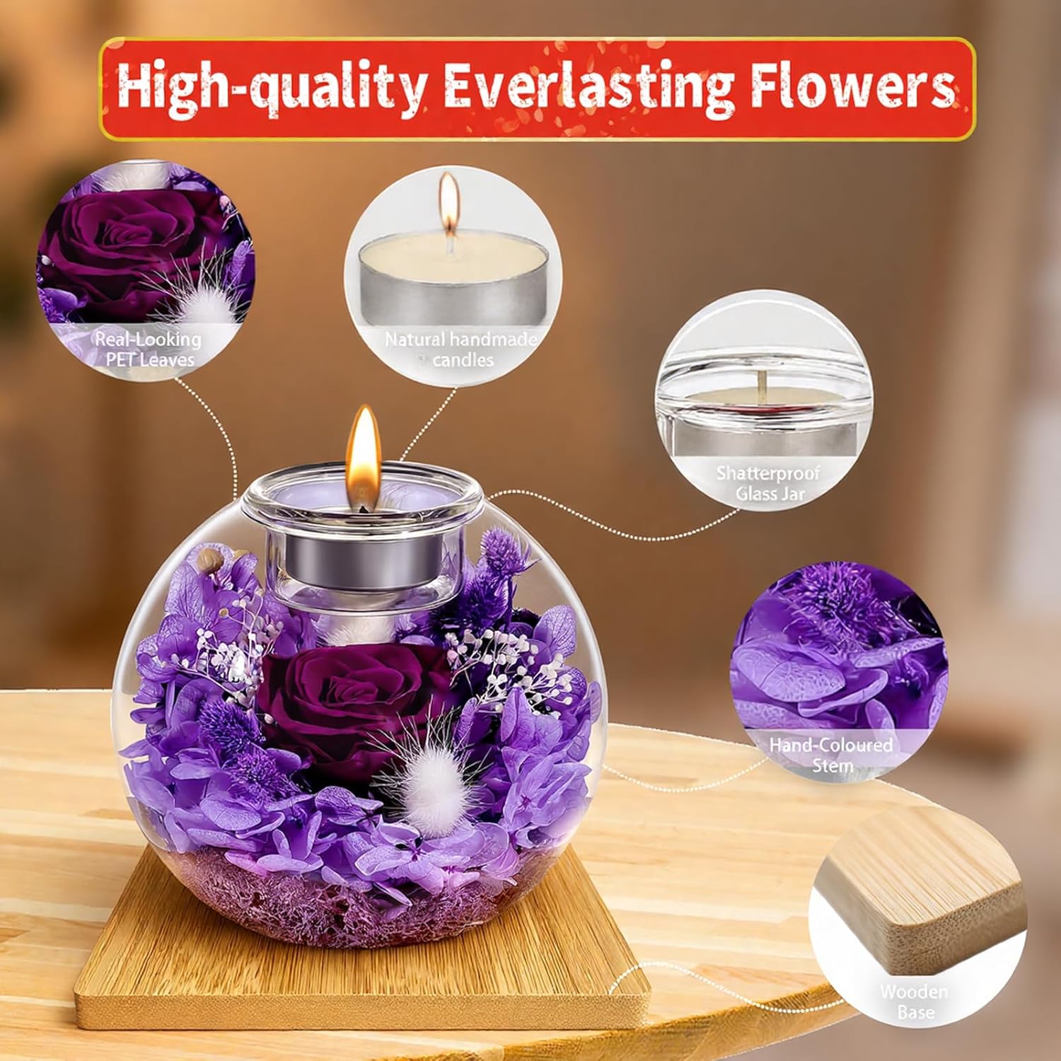 Preserved Roses with Necklace, Long-Lasting Real Flowers in Glass Dome, I Love You Gifts for Her, Wife, Girlfriend with Scented Candles for Valentine‘s, Thanksgiving & Christmas (Violet Rose) - Image 4