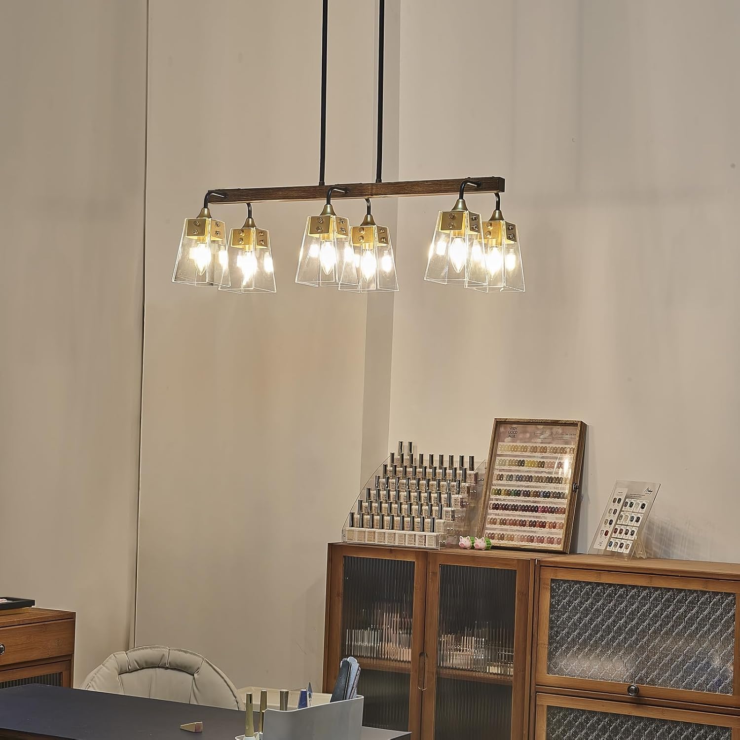 30in Farmhouse Chandeliers for Dining Room, 6-Light Pendant Light Fixtures Over Table for Kitchen Island, E12 Base Hanging Ceiling Chandelier with Clear Glass for Living Room Bar