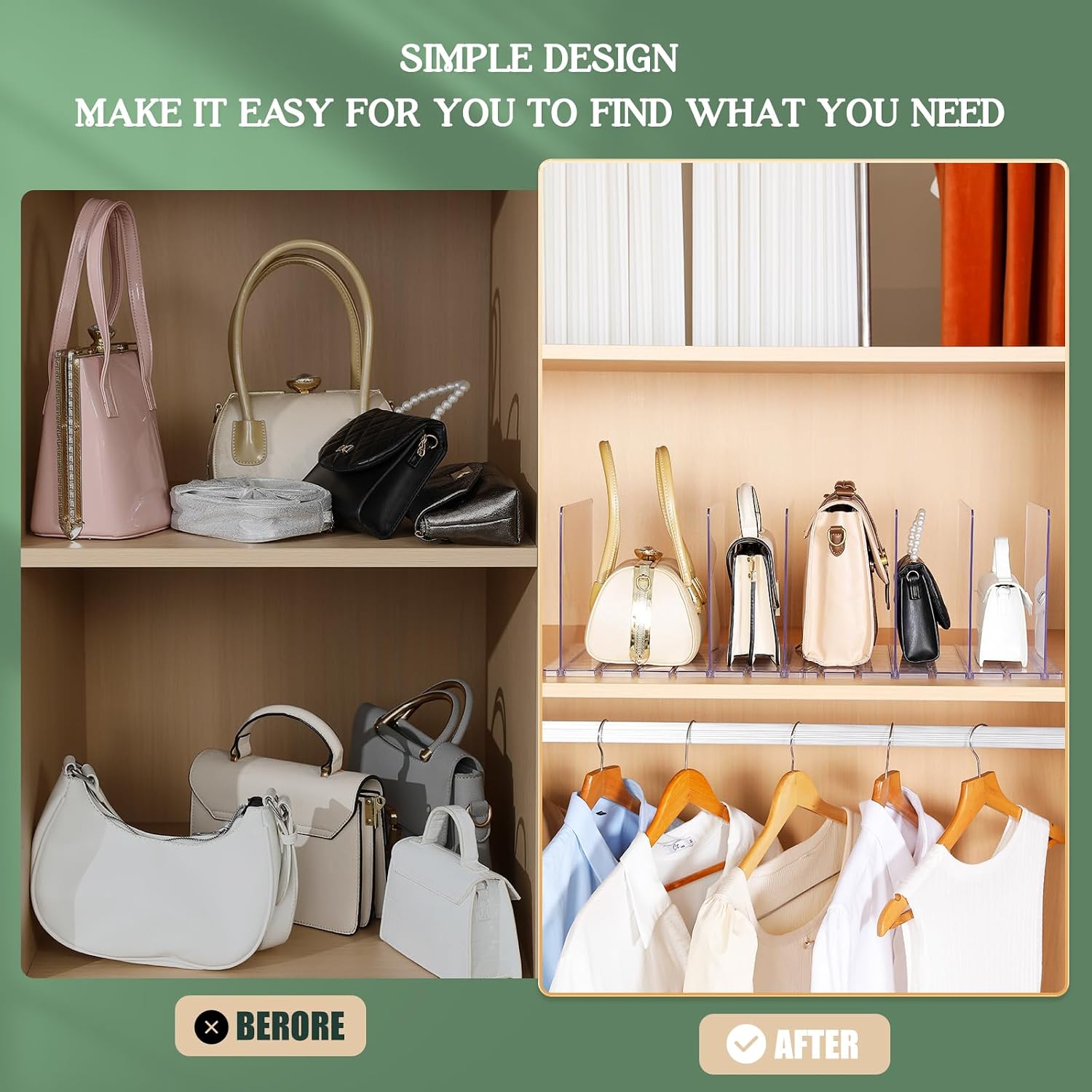 Bag & Purse Organizer for Closet, 2 Pack Adjustable Shelf Divider for Closet - Clear Handbag Shelf Dividers Acrylic Handbag Separators Storage Organizer for Closets Bookshelf (10 Layers)