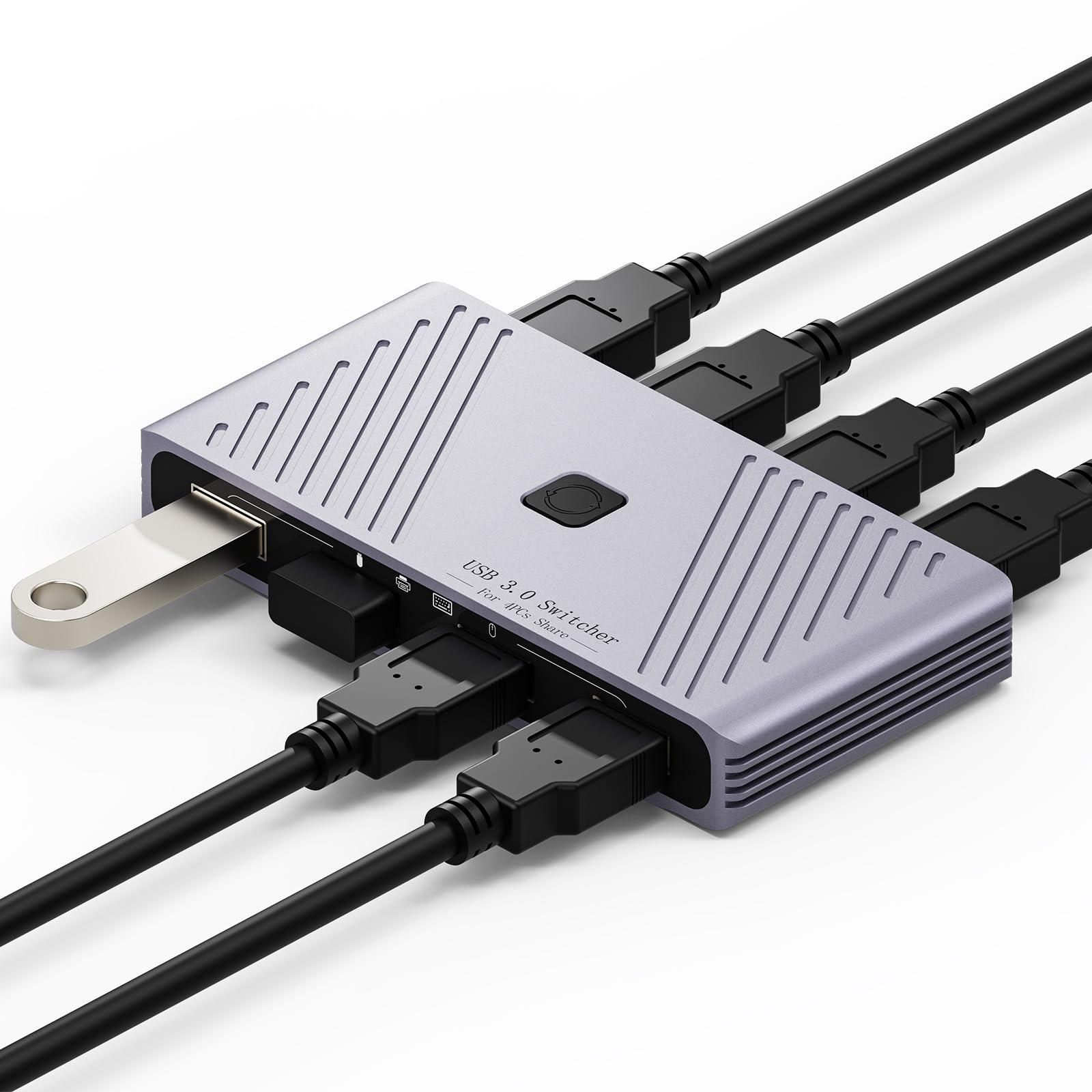 USB-3.0-Schalter, 4 Computer, 4 USB-Geräte, Ein-Knopf-Schalter für Tastatur, Maus, Drucker, Scanner, USB-Peripherie-Sharing-Hub für PC, Laptop mit 2 USB-3.0-Kabeln, Gehäuse aus Aluminiumlegierung