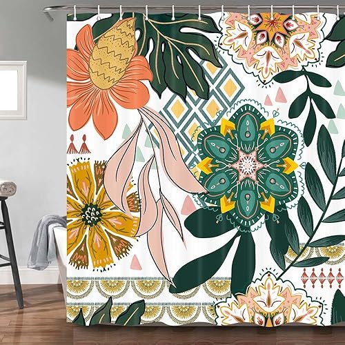 Miniatura 2 de Cortina de ducha floral bohemia, abstracta de mediados de siglo, decoración bohemia, cortinas de baño, flores botánicas, hojas tropicales, tela