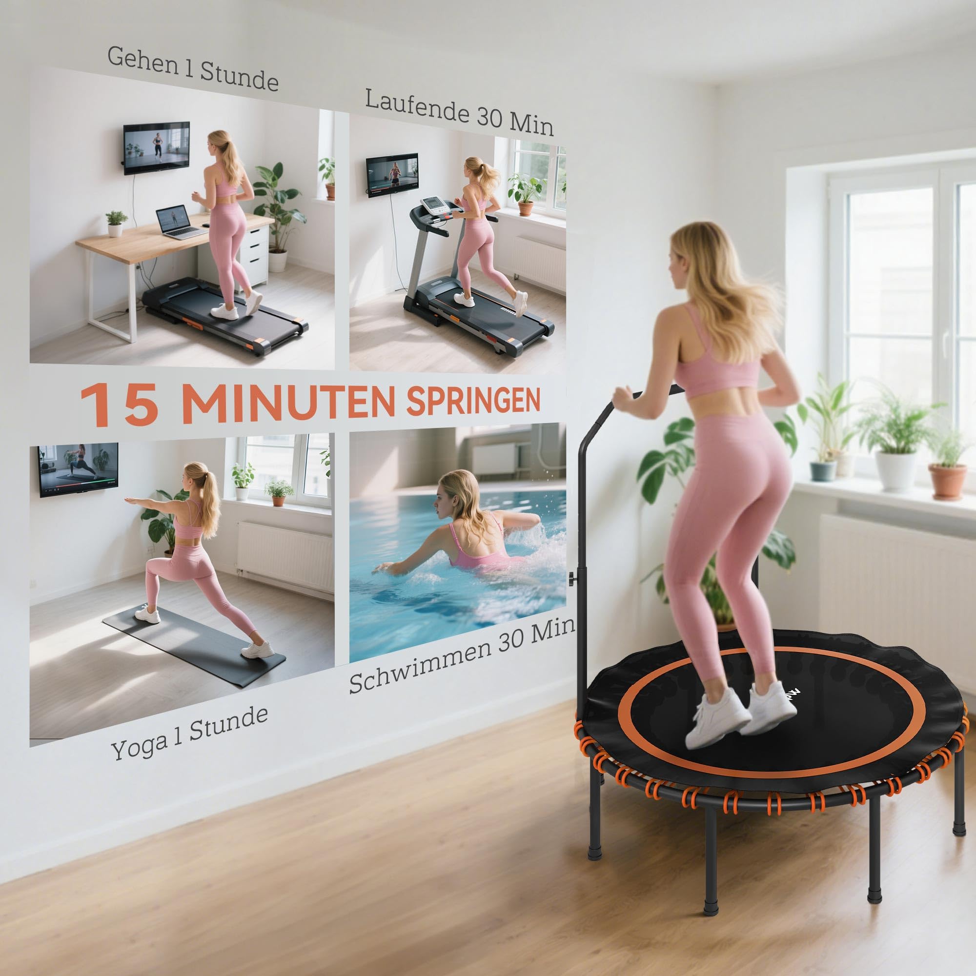 SPORTNOW Fitness Trampolin Ø114/122 cm klappbar Mini Trampoline mit 5 verstellbaren Handgriffstufen, leise Gummiseil, Trampolin für Erwachsene Trampoline für Indoor Outdoor Jumping