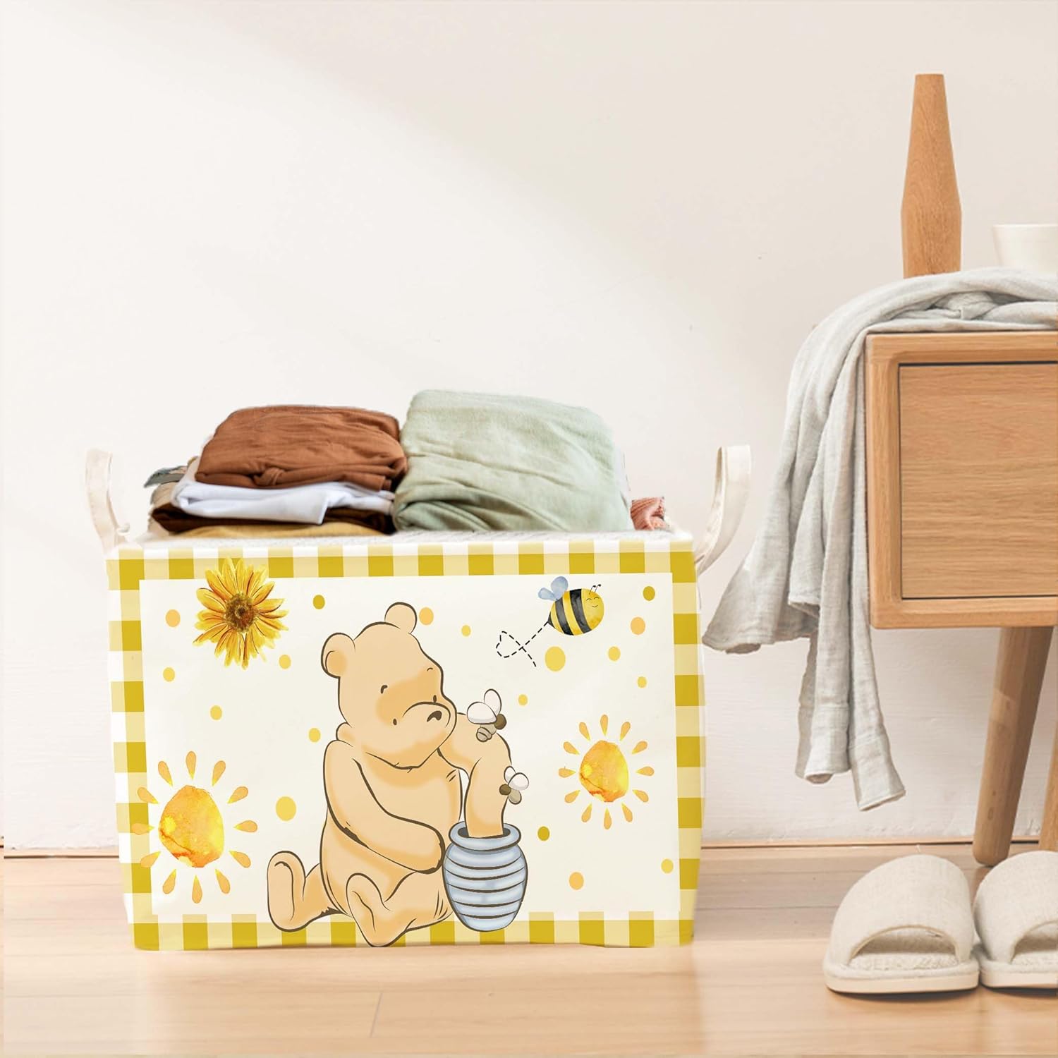 Winnie Nursery Decor, the Pooh Baby Stuff, Winnie Storage Nursery Basket, Large squarecanvas Laundry Hamper With A Waterproof PECoating, Foldable, Toys Bin, Baby Nursery HamperDecor, Yellow - Image 6