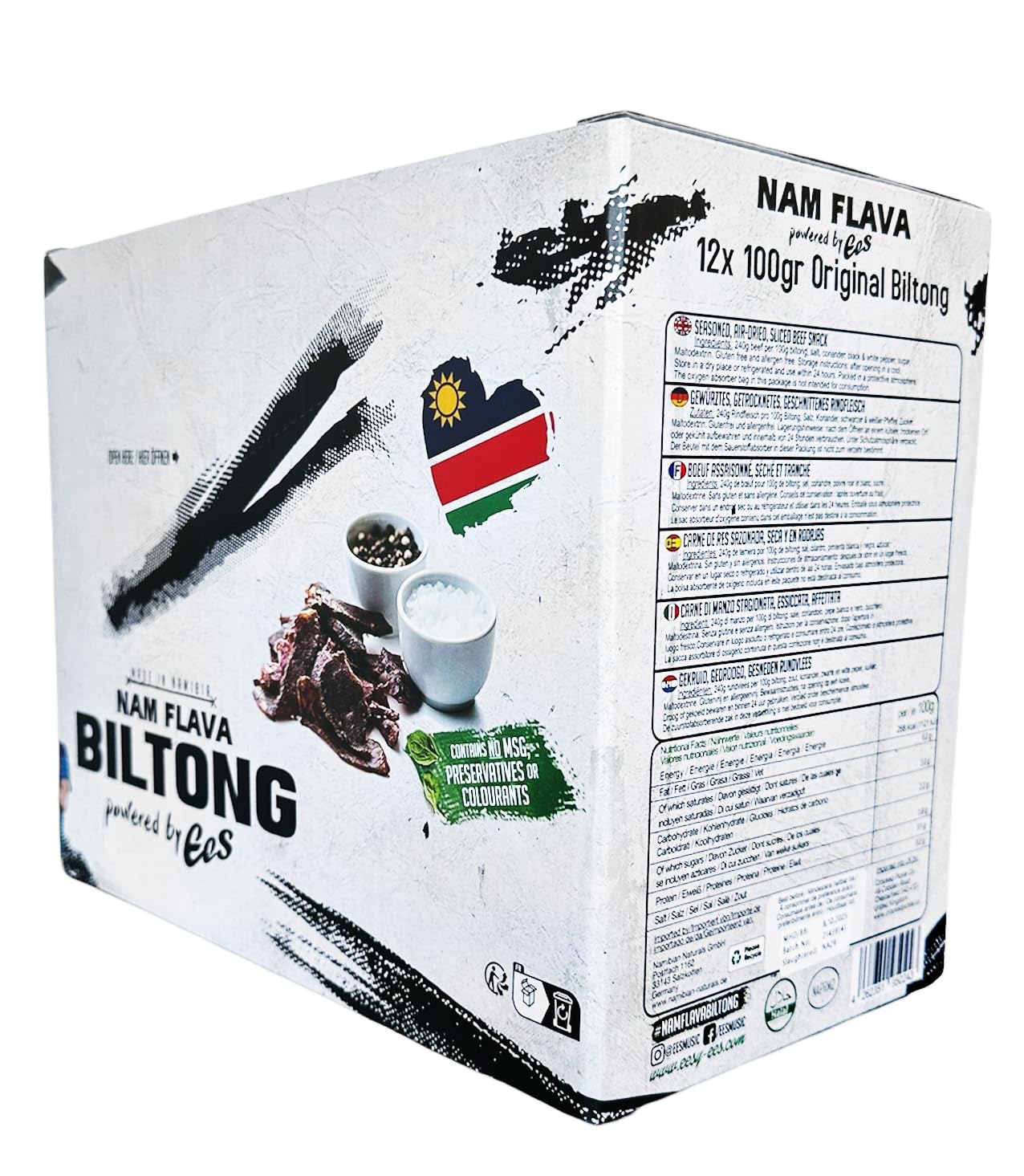 Nam Flava - Biltong original de Namibia - 1,2 kg (12x100 g) - Beef Jerky, carne seca, mucha proteína