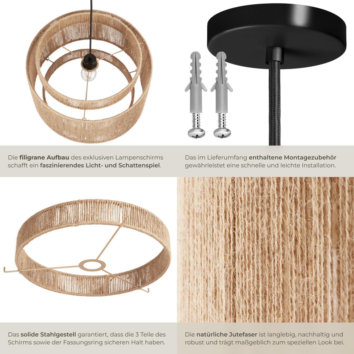 tectake® Hängelampe im Boho Stil, Pendelleuchte aus Jute, Vintage Lampenschirm Hängelampe, Ø 46 cm, Pendelleuchte Esstisch, Küchenlampe, Deckenleuchte Schlafzimmer, E27 Lampe Hängend, Hängeleuchte