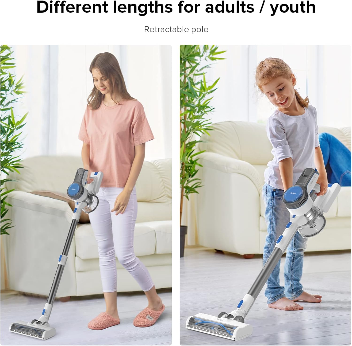 Images showing the retractable pole adjusted for an adult and a child