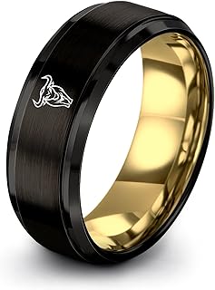 Gift for Wildlife Fan - Bull Ring - Tungsten Carbide - Gunmetal Black Yellow Gold - 8mm - Men Women - Anniversary Wedding - Brushed Polished - Band - Flat Dome Bevel - Personalized Custom Engraving