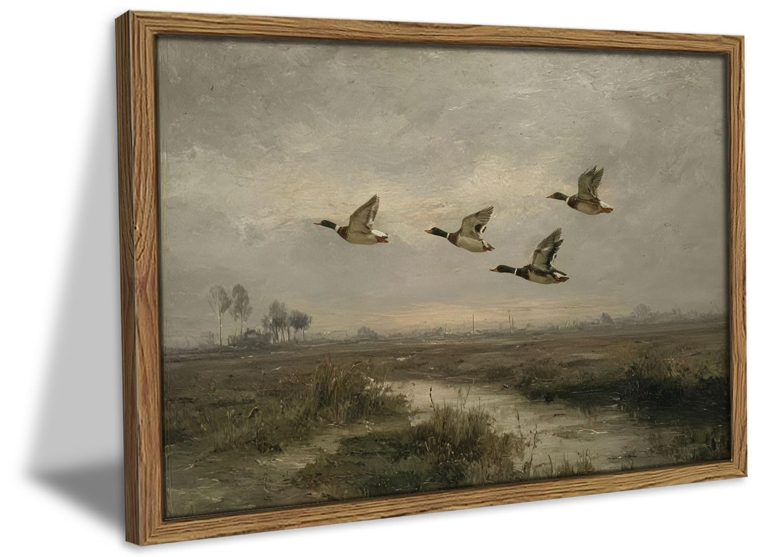 Framed Vintage Flying Ducks Wall Art, Rustic Mallard Duck Wetland Landscape Picture Wall Decor Painting Farmhouse Farmhouse Wildlife Canvas Prints for Living Room Bedroom Office-30x40 cm