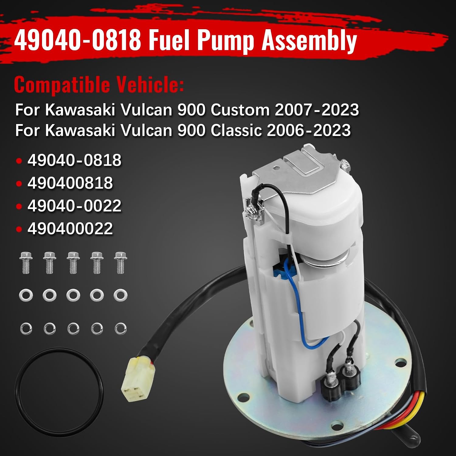 49040-0818 Fuel Pump for Kawasaki Vulcan 900 Custom 2007 2008-2023,Vulcan 900 Classic 2006-2023 49040-0022 490400022 490400818 3 Pin Fuel Pump Module Assembly with O-Ring and Mounting Bolts