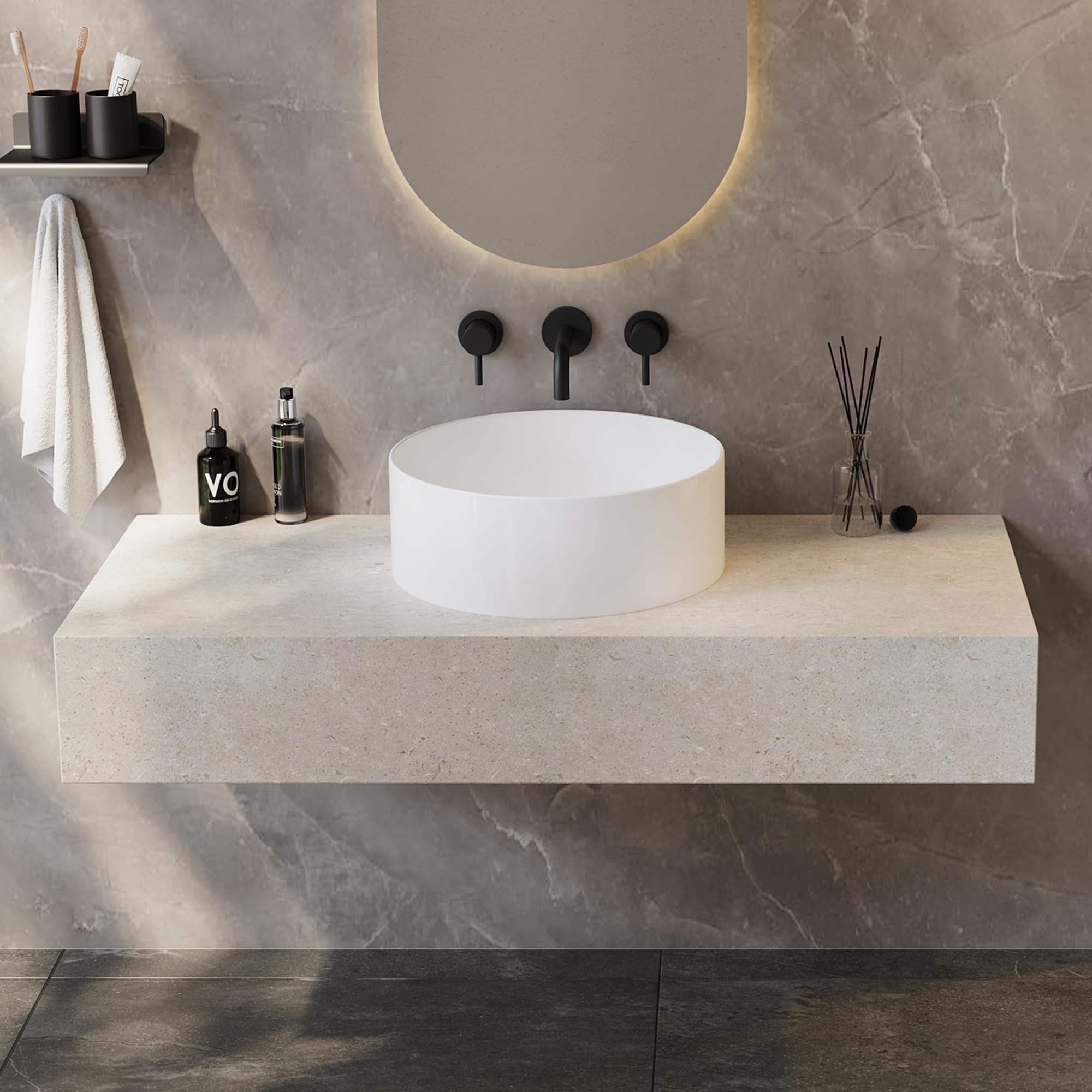 Fregadero redondo de cerámica de Eridanus, lavabo de porcelana vítrea en blanco brillante para uso en encimera, lavabo redondo para tocadores, 415 x 415 x 150 mm