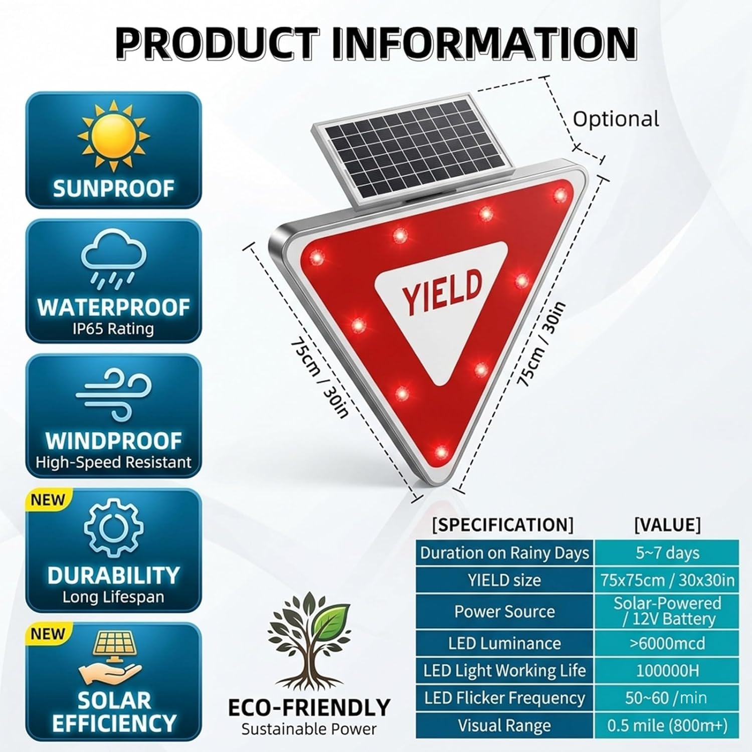LED Flashing Triangular Traffic Sign, Solar Powered LED Flashing Yield Sign, IP65 Waterproof 30in