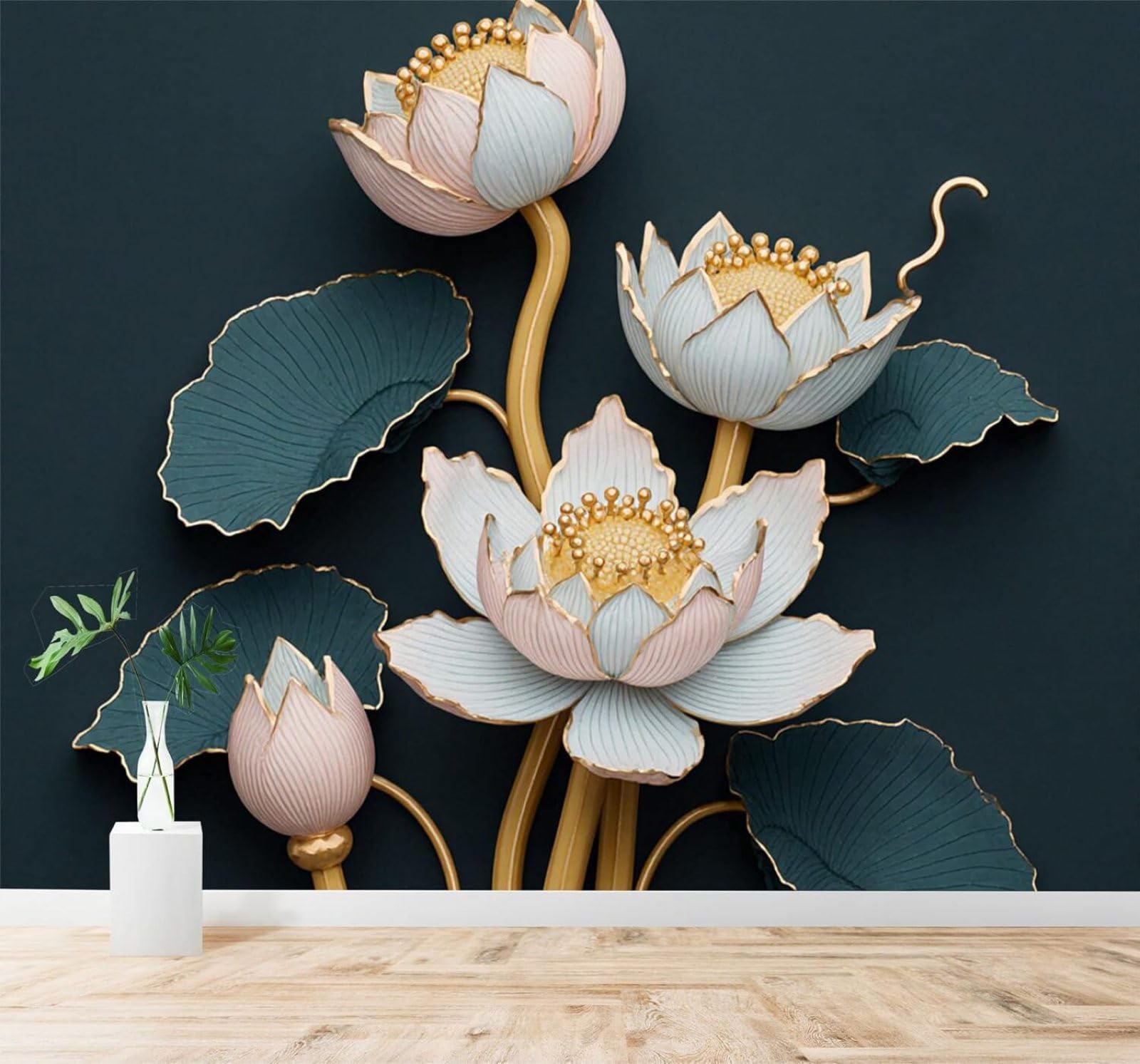 XLMING Three Dimensional Elegant Lotus Gold Details Green Leaves 3D Wallpaper Silky Texture Home Study Office Grey Dining Room Sofa Bedroom Living Room TV Backdrop-250cm×170cm