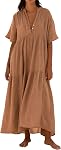 R.Vivimos Womens Summer Cotton Flowy Maxi Dress Short Sleeve V Neck Empire Waist Boho Tiered Ruffle Casual Loose Long Dresses