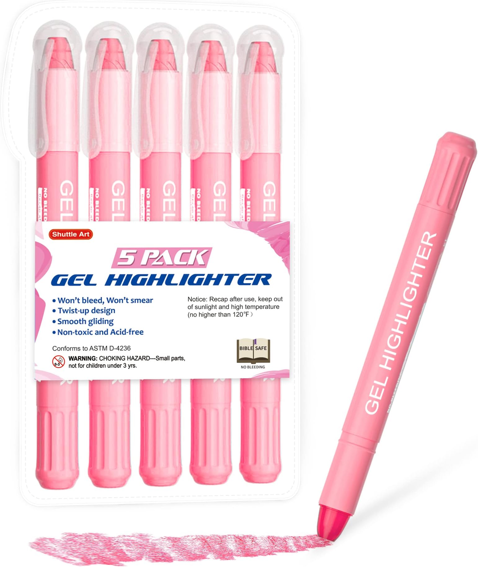 Shuttle Art 5 Pack Pink Gel Highlighters,Bible